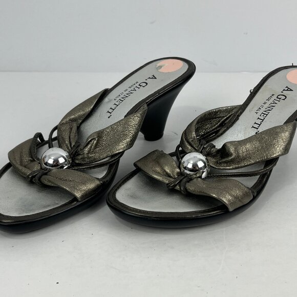 A. Giannetti Heeled Sandals Size 6.5 Beige Silver Leather Almond Open Toe - Picture 2 of 6